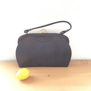 Vintage 1950’s Brown Python-Embossed Vinyl Satchel/Frame Bag/Purse with Brass Hardware