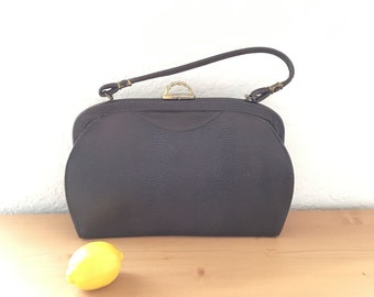 Vintage 1950’s Brown Python-Embossed Vinyl Satchel/Frame Bag/Purse with Brass Hardware