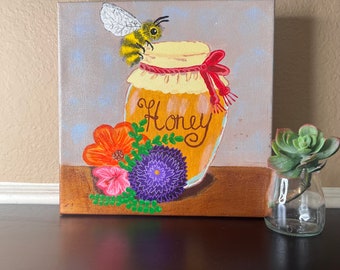 Vintage Original Acrylic Painting Honey Jar Still Life, Bee, Bumblebee, Floral Bouquet, Spring Decor, Easter, Beekeeping, Wall Art,Kids Room