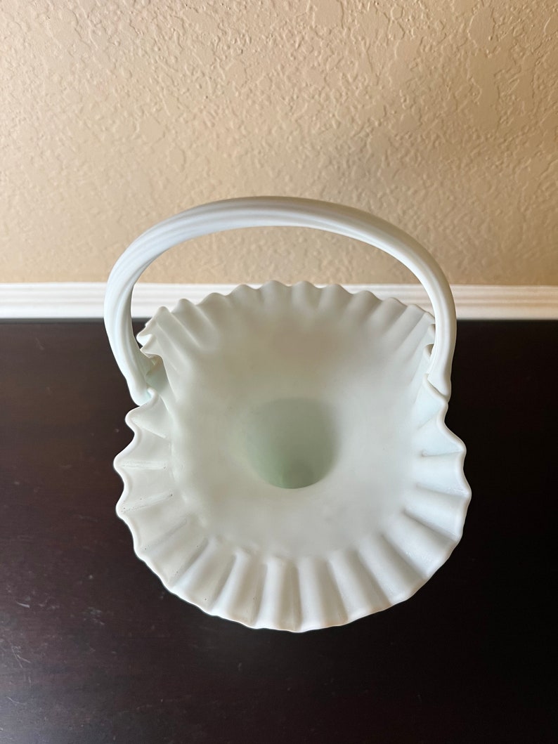 Vintage Milk Glass Basket W Handle Ruffled Rim Diamond Etsy