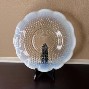 Vintage 1940&#39;s Anchor Hocking Moonstone Opalescent Sandwich Plate, Hob Nail, Ruffle Edge, Round Serving Platter, Dew Drop Glass, Depression