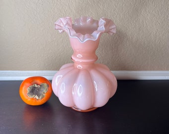 Vintage Fenton Art Glass 8” Dusty Rose Pink Overlay Melon Vase w Double Crimped Ruffle, Cased, Milk, Pastel, Collectors Glass, Anniversary