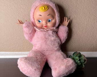 Vintage 1950's Rushton Rubber Face Plush Doll, Bombastic Side Eye, Googly Eyes, Collectible Toys, Midcentury Kids Decor, Blue Blonde, Creepy