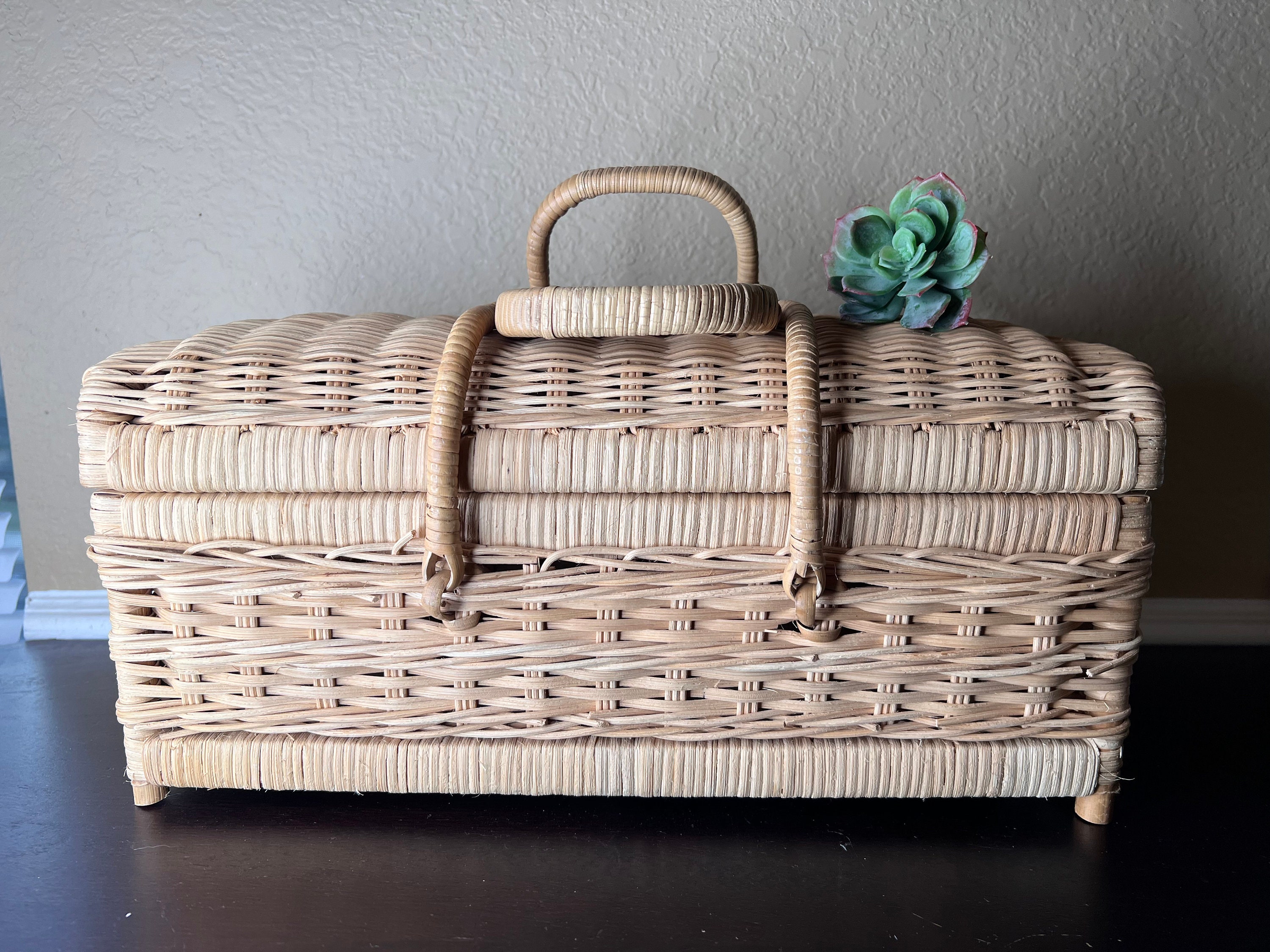 Vintage Wicker / Rattan Woven Picnic Basket W Handles, Needlework