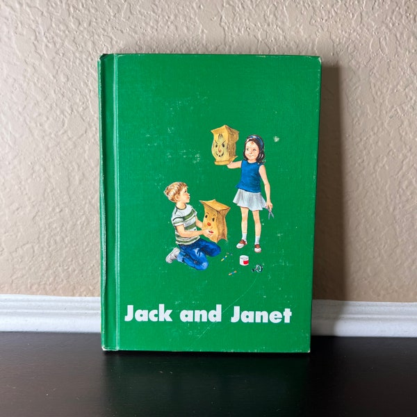 Vintage 1966 Children’s Textbook “Jack and Janet”, Early Reader, Kids Book, play illustrations, wall art, kids library bookshelf Kelly Green