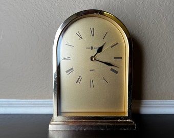 Vintage 1970s / 1980s Howard Miller Brass Mantel Clock, Office Clock, Desk Clock, Gold, Art Deco, Pop Deco, Memphis Style, Minimalism, Time
