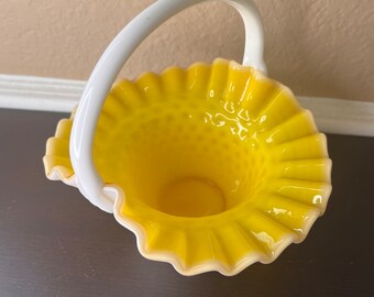 Vintage Kanawha Glass Hobnail Milk Glass Yellow Overlay Mellon