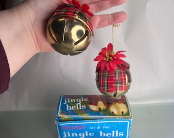 Vintage 1980's Brass Jingle Bells with Plaid Ribbon | Emson | Door or Tree Decor