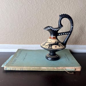 Vintage 1960&#39;s D. Vassilopoulos Hand Painted Greek Ewer Vase, Antique Reproduction, Terra Cotta, Miniatures, Neoclassical, Chariot Race