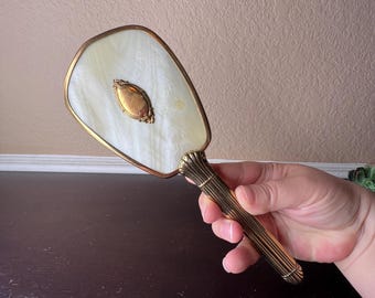 Vintage 1940's Mother of Pearl Hand Mirror, Gold Tone Vanity