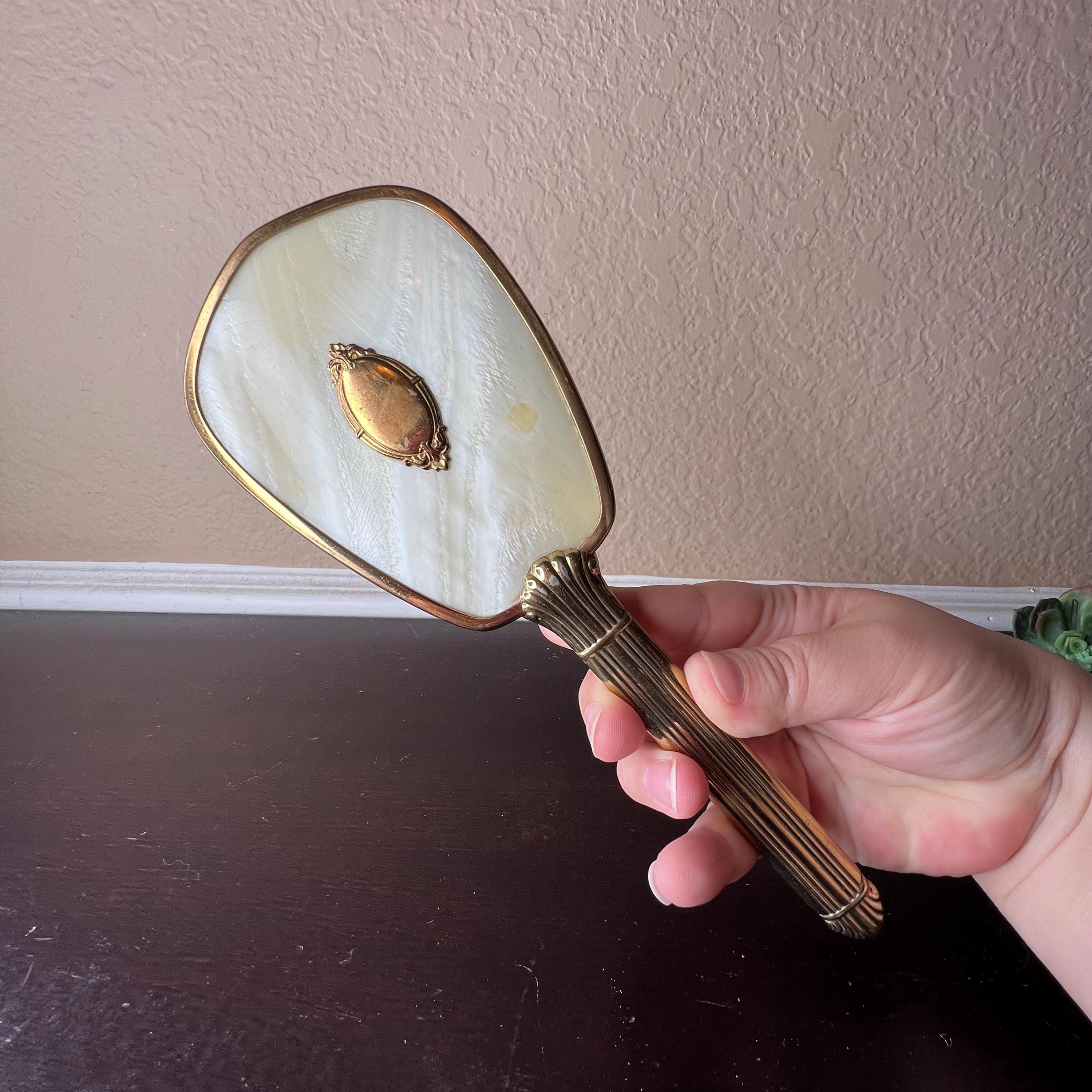Vintage 1940's Mother of Pearl Hand Mirror, Gold Tone Vanity