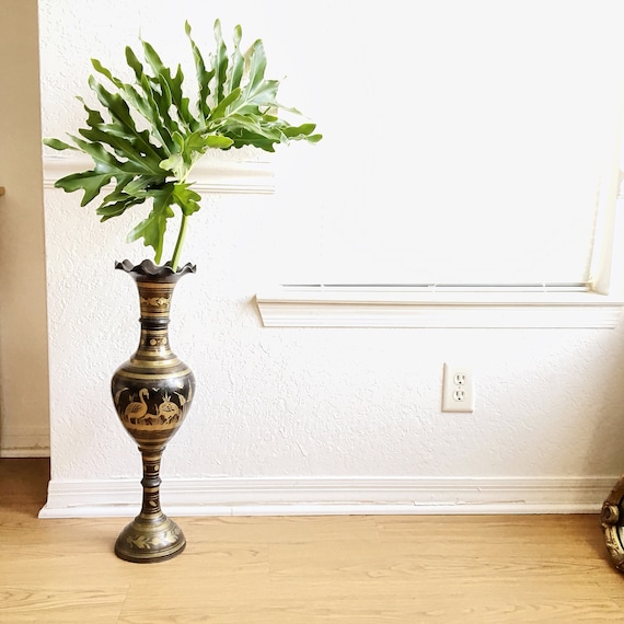 Large Vintage Indian Brass Etched Floor Vase With Water Etsy