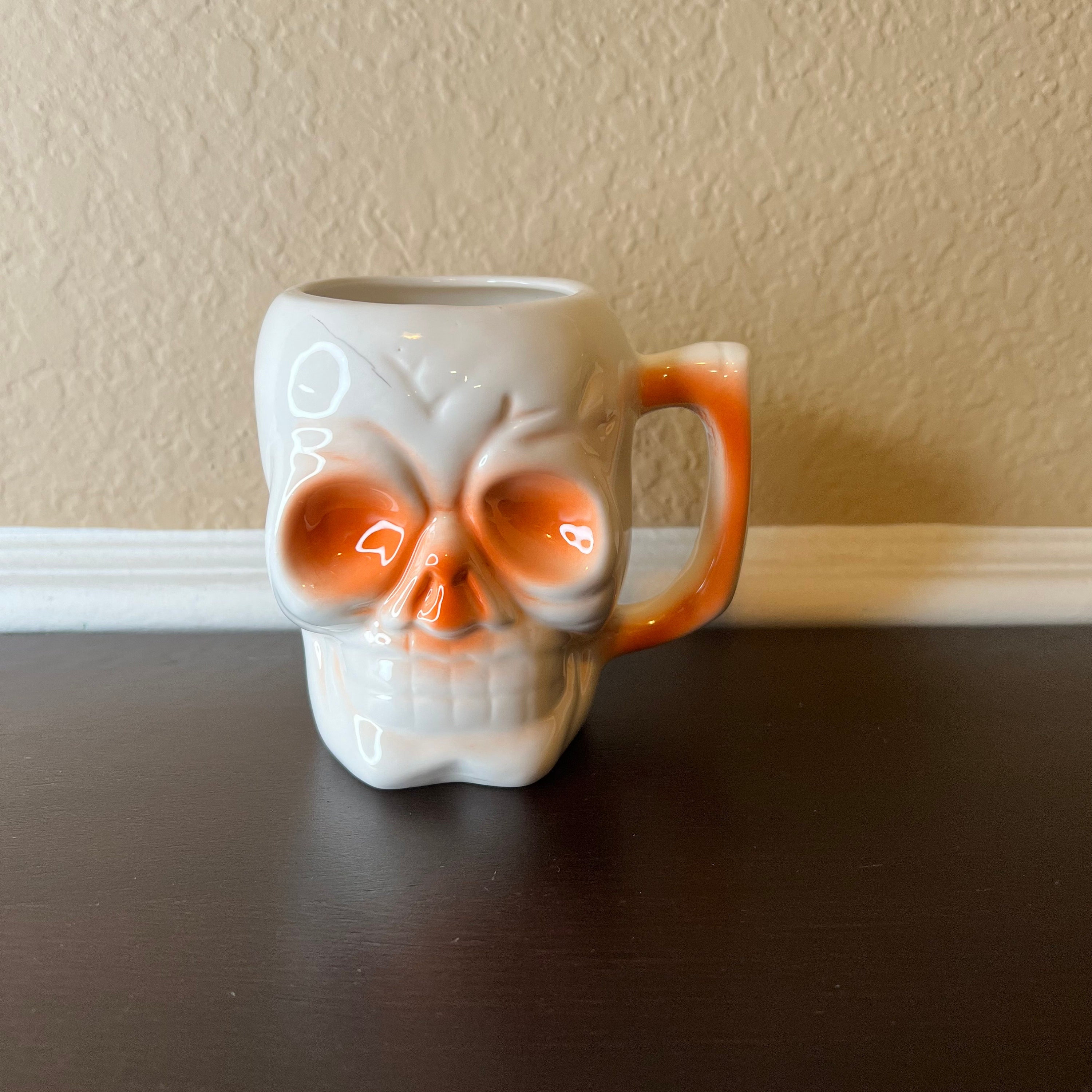 Vintage Skull Mug/ Tiki Cup, Goth Decor, Orange 70's, Creepy
