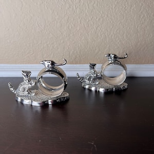 Vintage Cat and Mouse Napkin Rings Pair, Fine Dining, Silver Tone, Thanksgiving Table Setting, Holiday Dinner, Animal Lover, Cat Lady Chic