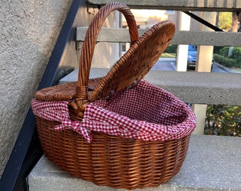 Vintage Wicker Picnic Basket w Red Gingham Lining, Rattan, Basketry, Country Style, Spring / Summer Decor, Romantic Lunch, Outdoors, Gift