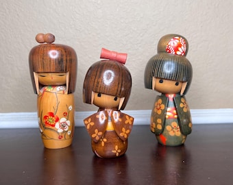 Vintage 1970&#39;s Kokeshi Art Doll, Hand Crafted /Painted, Tomio Ishida, Kojo Tanaka, Kawaii Collectible, Kimono, Plum Blossom, Spring Theme