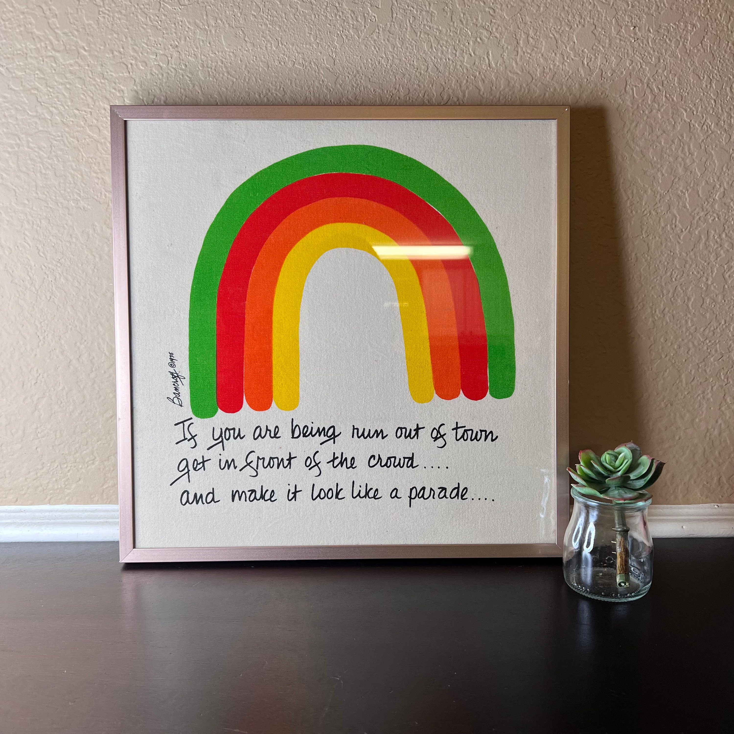 Vintage 1975 Bancroft Rainbow Pride Fiber Art, Framed Tapestry 
