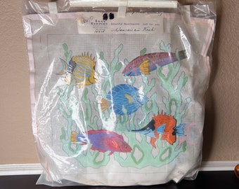 Vintage 1980's Lilas Originals Hawaiian Fish Needlepoint Kit, 100% Persian Wool, Hand Painted,Wall Art, Pillow Cushion, Craft Supply, Beach