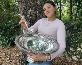 Vintage 1950's Large Silver Plate Punch Bowl & Ladle Set, Sheridan Silver, Footed 18” Bowl, Grapevine Design