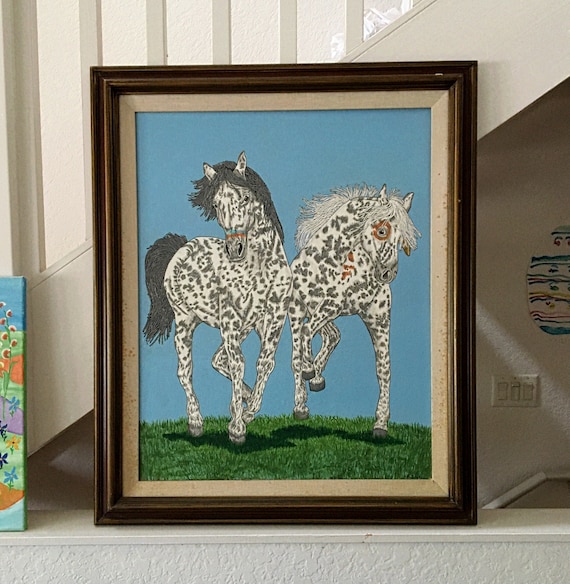 歩く馬のオリジナルヴィンテージ油絵/まだら模様の馬/ペイントポニー