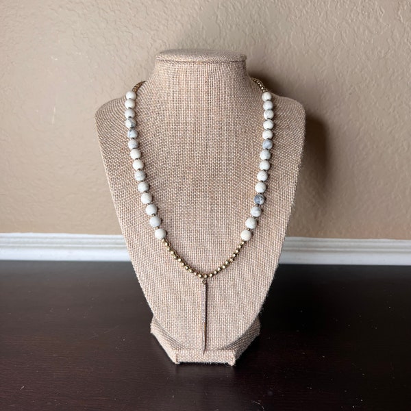 Vintage Marble and Faceted Gold Tone Bead Necklace w Spear Pendant,White  Grey,Pave Crystals,Costume/Estate Jewelry,Adjustable 17" - 19.5"