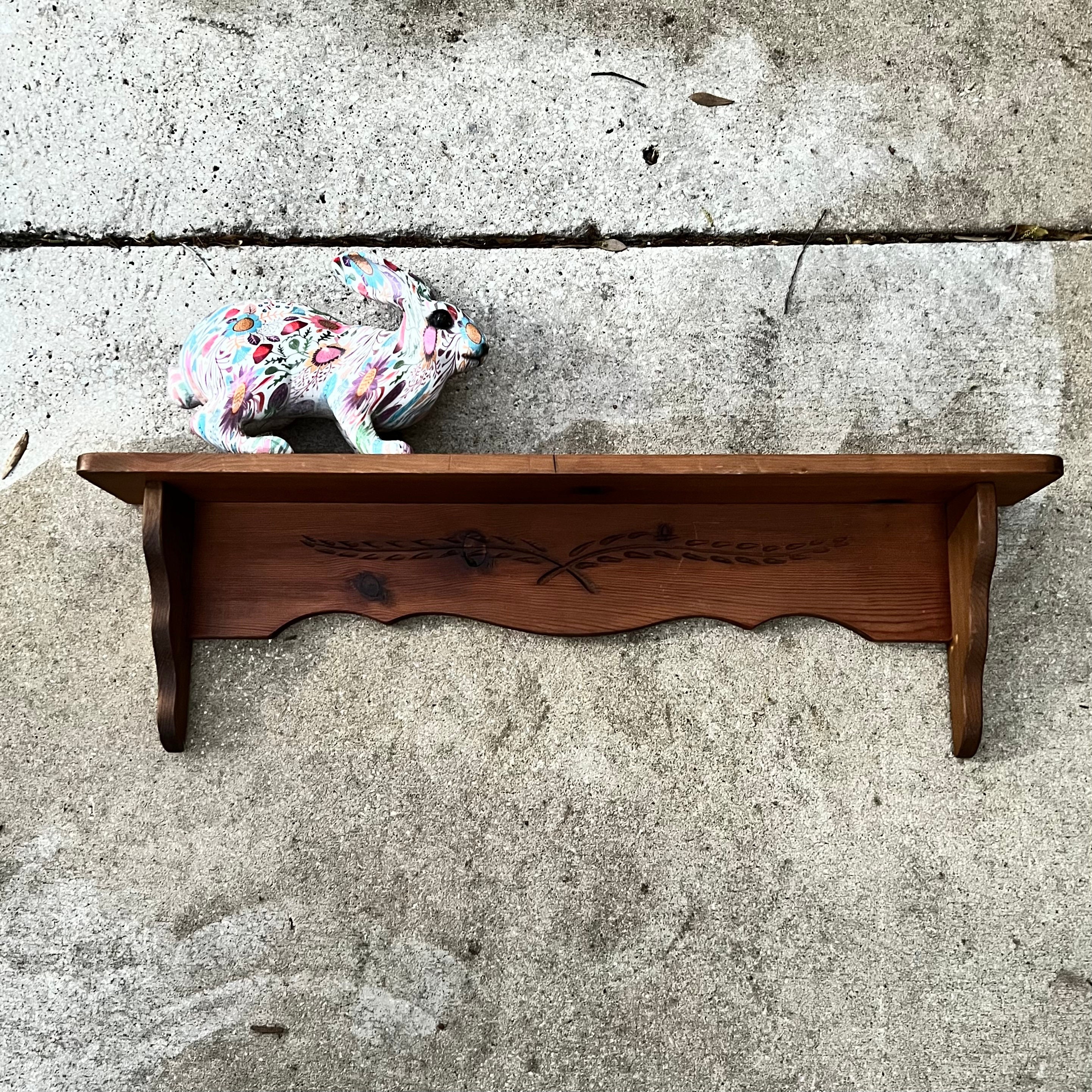 Vintage Solid Wood 36” Wall Shelf W Crossed Wheat Detail Vintage Solid Wood 36” Wall Shelf W Crossed Wheat Detail