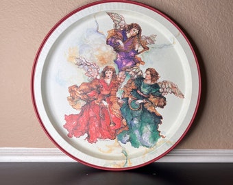 Vintage 1990's Tin Metal Round Serving Tray w Musical Angels / Cherubs, Christmas Religious Holiday Decor, Potpourri Press, French Horn,Harp