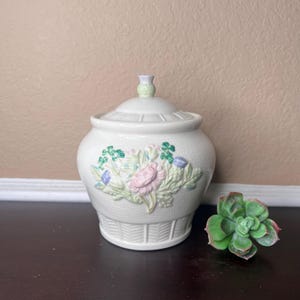 May include: A white ceramic jar with a lid, featuring a floral design in pink, green, and blue. The jar has a textured basket weave pattern on the base and a small green knob on the lid. A green succulent is next to the jar.