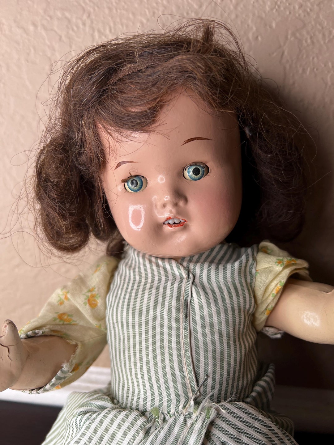 Vintage 1930's Composition Doll, Brunette Blue Sleep Eyes, Antique