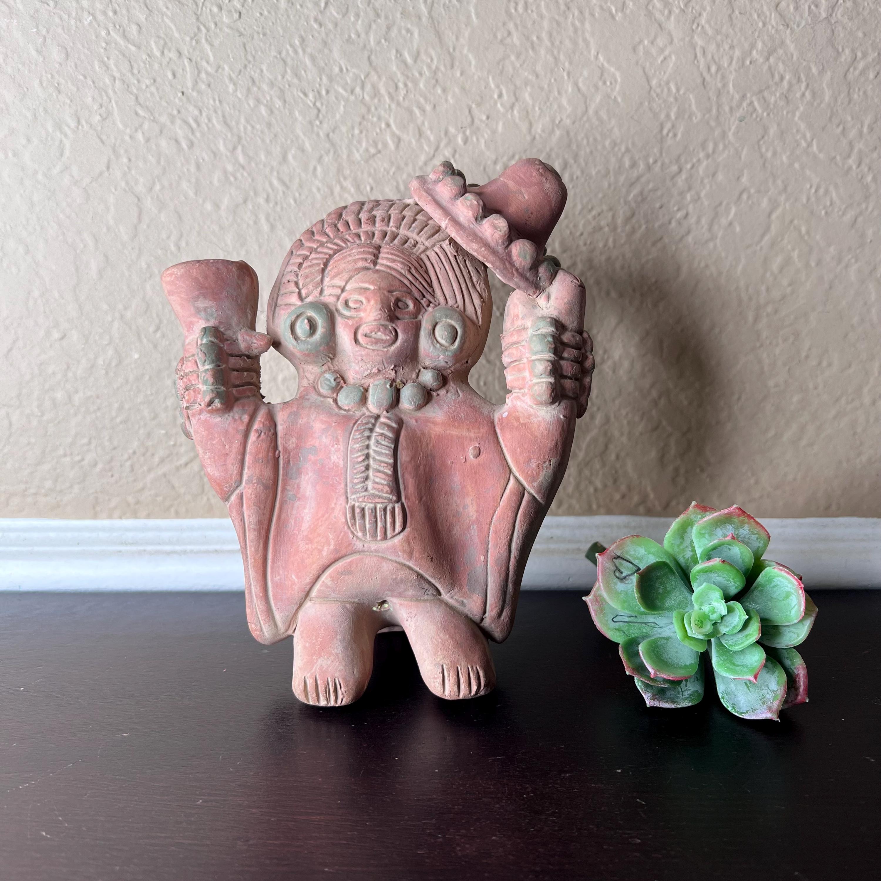 メキシコ　マヤ文明　戦士の土人形　テコラッタ　素焼き　ヴィンテージインテリア メキシコ マヤ文明 戦士の土人形 テコラッタ 素焼き