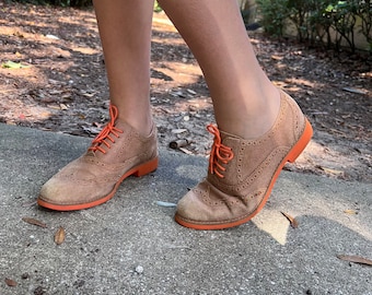 Vintage Fashion 7.5B Cole Haan Alisa Oxford Loafers, Maple-Brown / Orange Suede Leather,Comfort Shoe,Professional Attire,Office Casual,Women