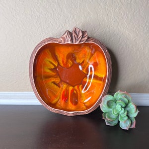 Vintage 1960&#39;s California Pottery Apple-Shaped Lava Flow Glaze Bowl, Orange Yellow Swirl, Sequoia Ware, 801B USA, Serving Dish, Berry Plate