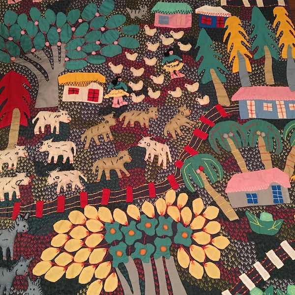 RESERVED GEMMA  (52 x 31”)  Arpillera Wall Hanging with Country/Village Scene of Cows, Donkeys, and Geese Frolicking and Ladies Dancing