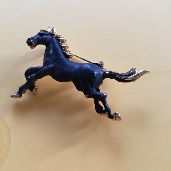 Vintage Black and Gold Galloping Horse Brooch. Pi… - image 3