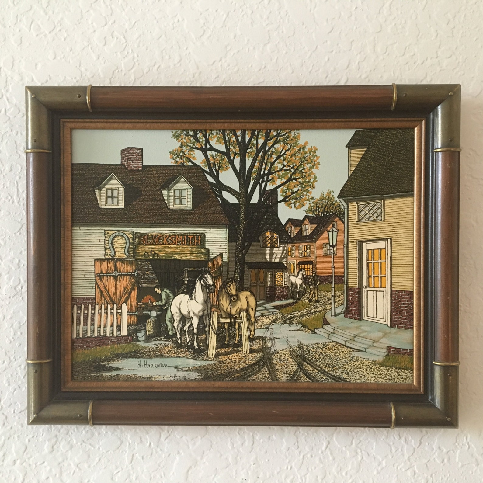 H. Hargrove Vintage Signed Oil on Canvas Serigraph of Blacksmith Shop