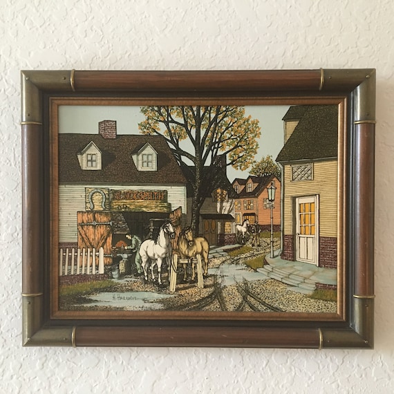 H. Hargrove Vintage Signed Oil on Canvas Serigraph of Blacksmith
