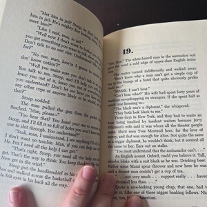 May include: Open book with text on the pages. The text is in English and appears to be from a novel. The pages are yellowed, and the book is open to chapter 19. A hand is visible holding the book.