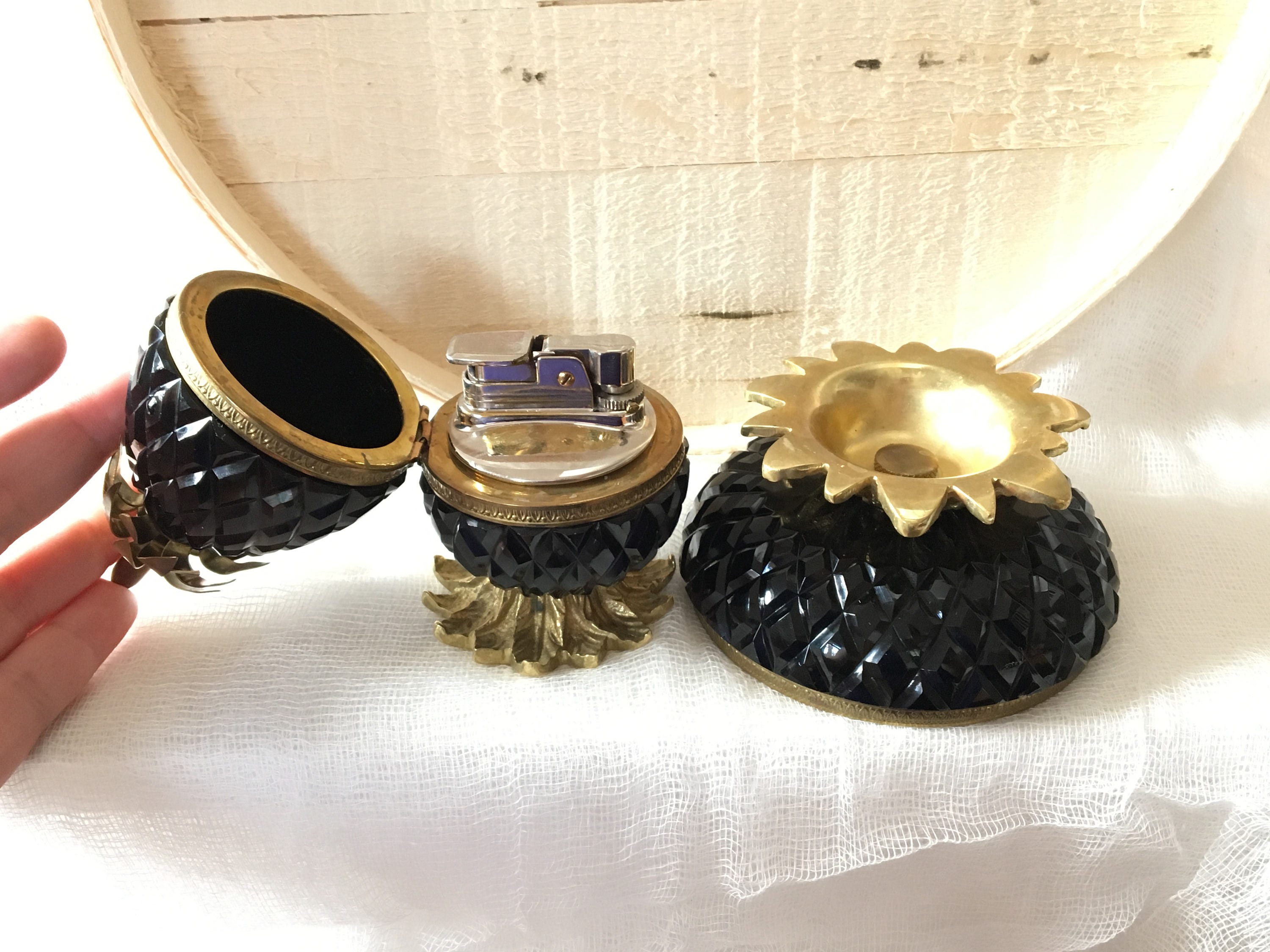 Midcentury Vintage Black Onyx Glass Pineapple Table Lighter