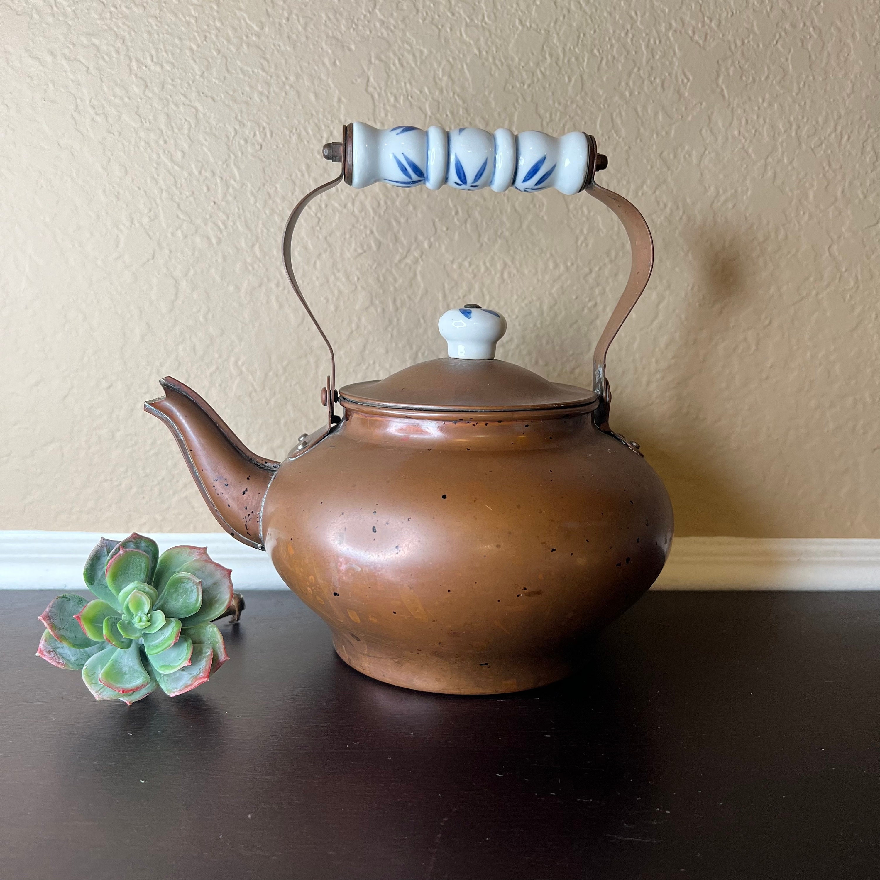 Vintage Copper Stovetop Tea Kettle Delft Blue Porcelain Handle & Lid