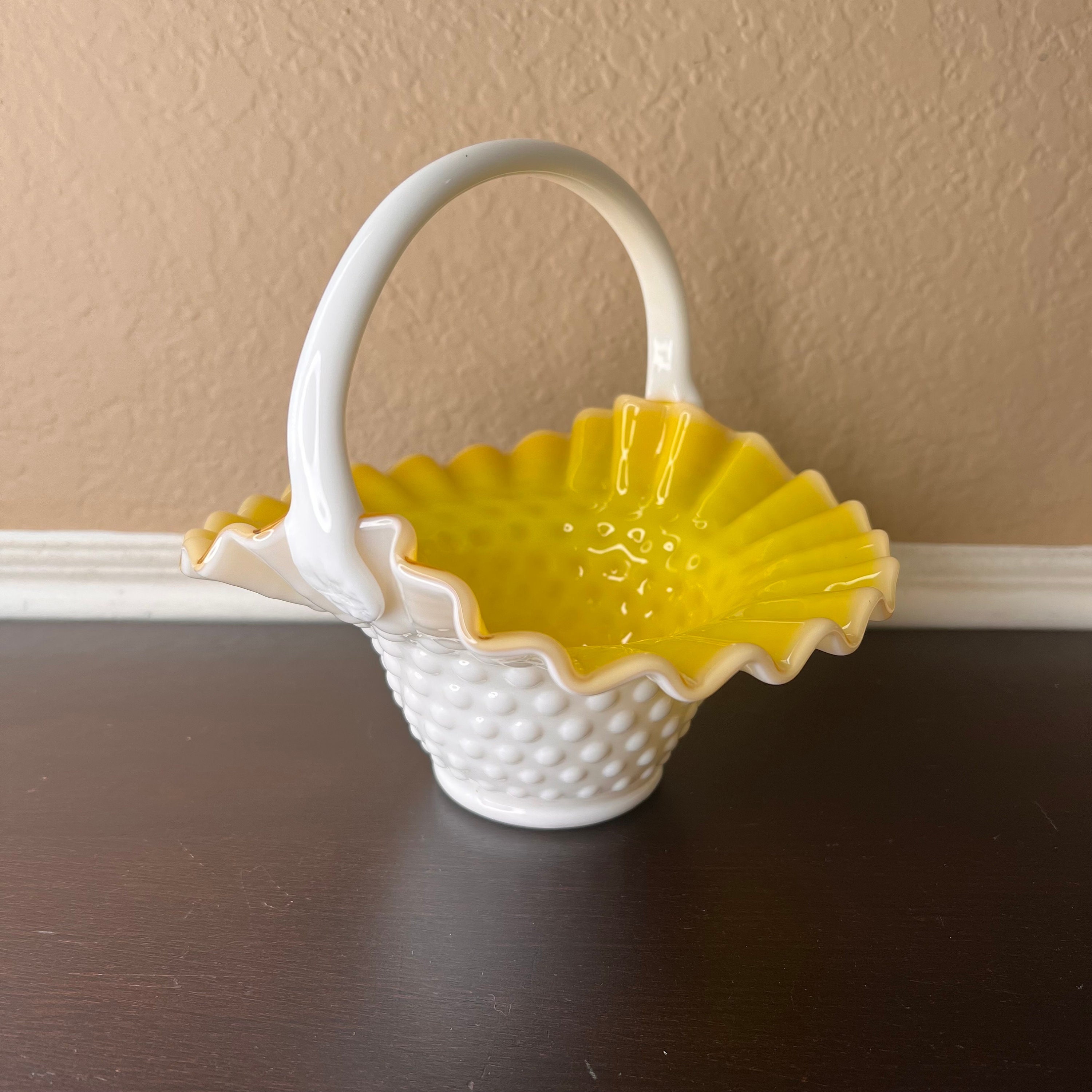 Vintage Kanawha Glass Hobnail Milk Glass Yellow Overlay Mellon