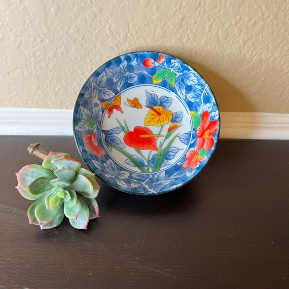 Vintage Andrea Sadek Small Bowl W Bright Tropical Hand-painted Florals and  Butterflies, Peace Lily, Blue and White, Blue Flow, Japan Pottery 