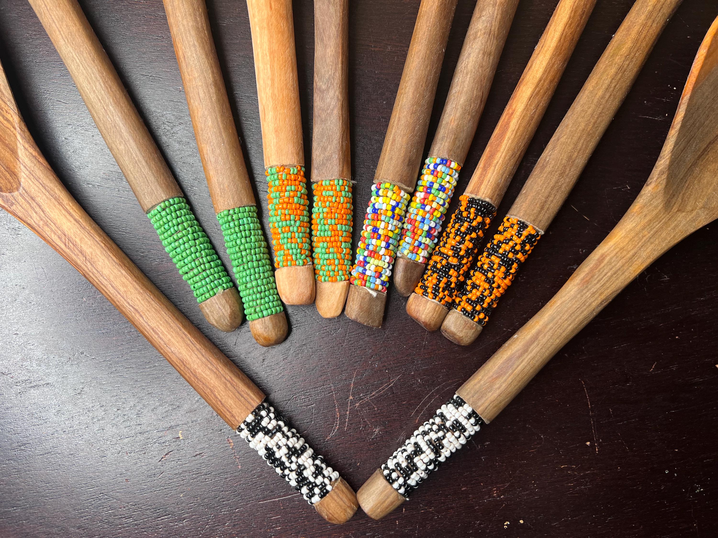 Vintage NOS Salad Tong Set, African Beaded Art, Serving Spoon and Fork ...