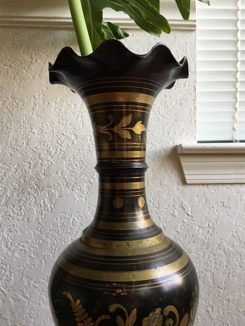 LARGE Vintage Indian Brass Etched Floor Vase with Water Etsy
