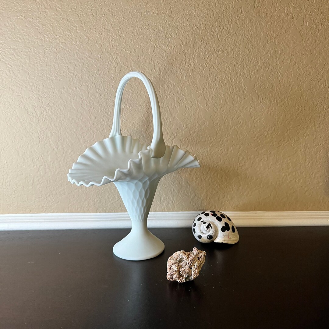 Vintage Milk Glass Basket W Handle Ruffled Rim Diamond Etsy
