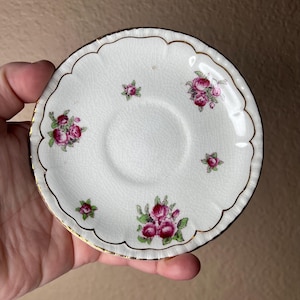 May include: A white ceramic saucer with a scalloped edge and gold trim. The saucer features a floral pattern of pink roses and green leaves. The saucer is held in a hand.