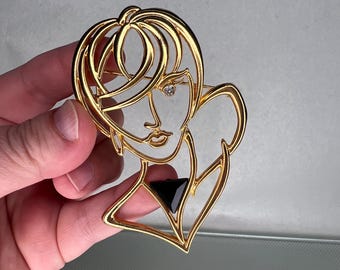Vintage 1988 JJ Jonette Openwork Face Brooch | Crystal Eye & Onyx Accent
