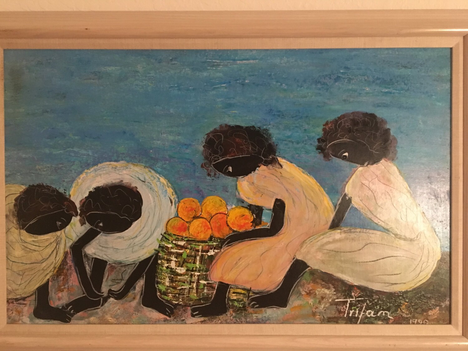 Large Vintage 1990 Lucia Trifan Pastel Painting of Ladies at a