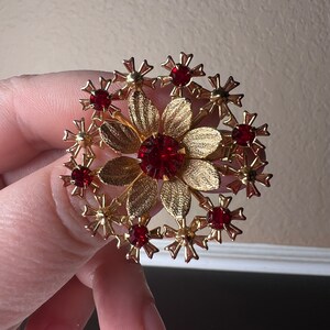 May include: A gold-tone brooch with a large red rhinestone flower surrounded by smaller red rhinestones in a starburst pattern.