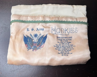 Vintage World War II US Army Sweetheart Hankie Holder, Letter Carrier, Militaria, Military Memorabilia, Satin, Collectible Textiles, Romance