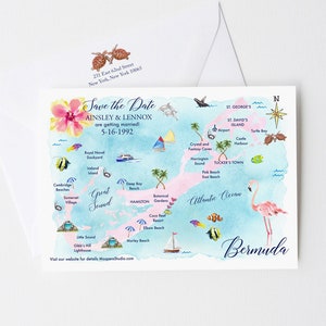 Bermuda Map Save The Date, Watercolor Map Save The Dates, Hand Illustrated Custom Wedding Map, Bermuda Map